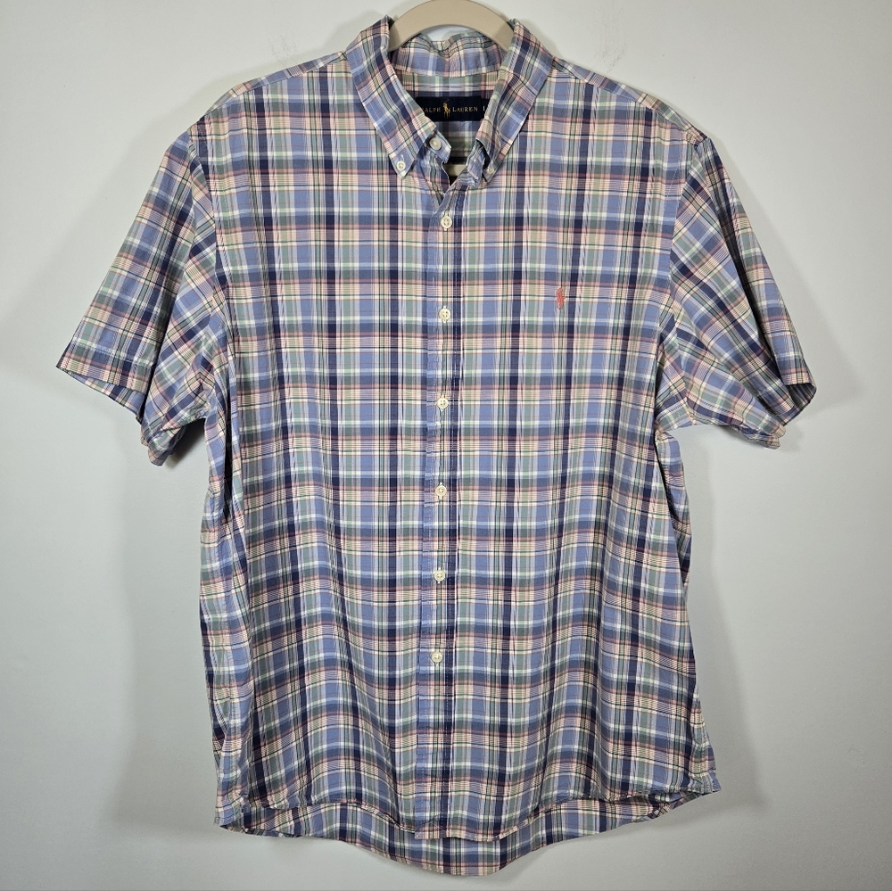 Ralph Lauren Men’s Light Blue Plaid Short‎ Sleeve Button Down Shirt Size Large